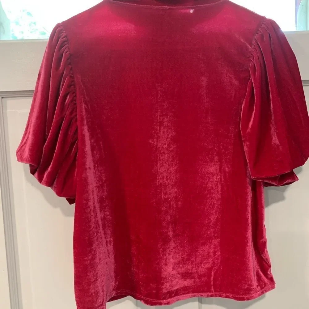 Free People Pink Fuchsia Puff Sleeve Blouse with Mandarin Collar